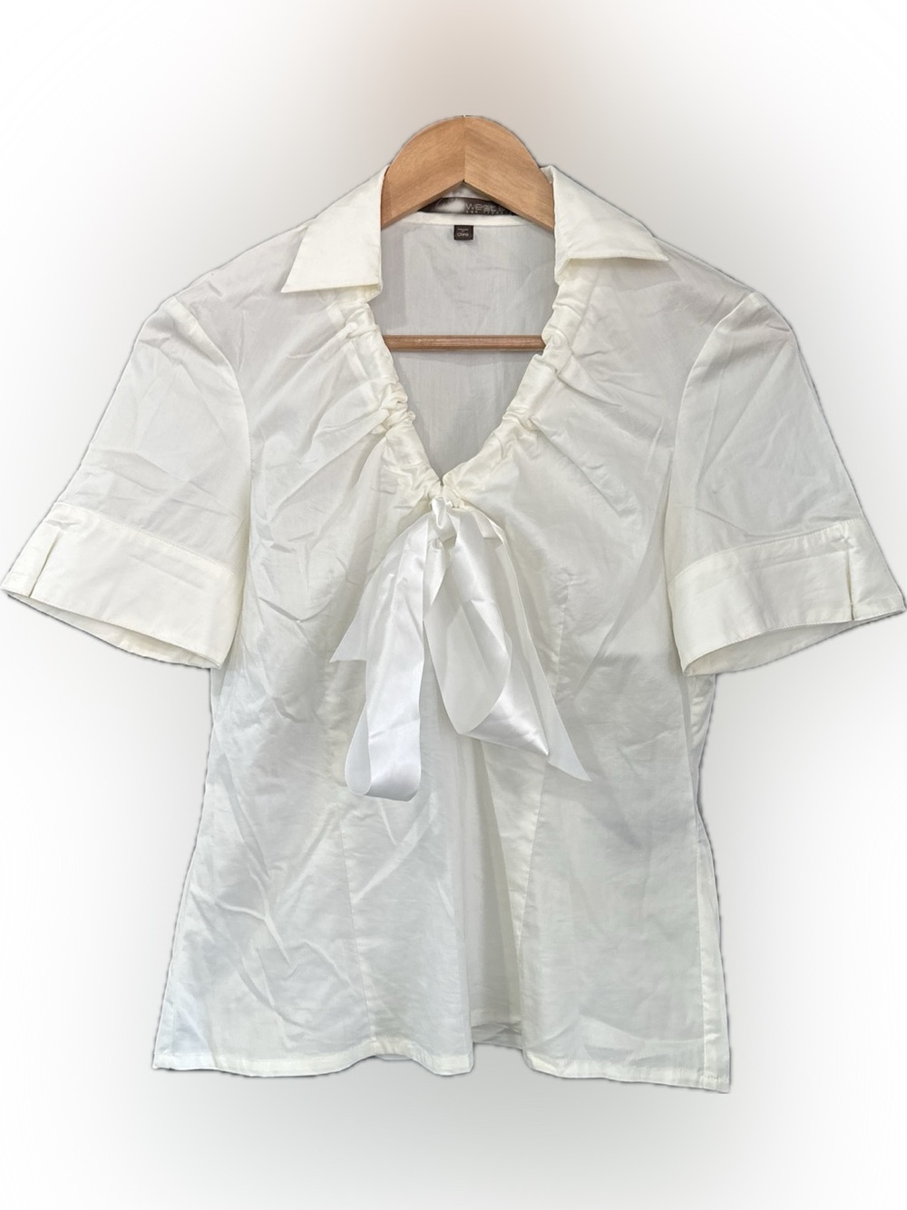 Women's White Tie-Neck Short Sleeve Blouse